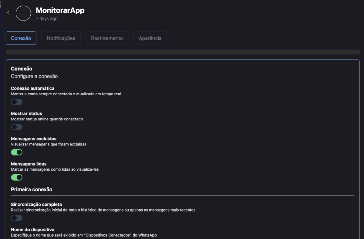 Painel do Monitorar App com as configurações de conexão de um WhatsApp acompanhado